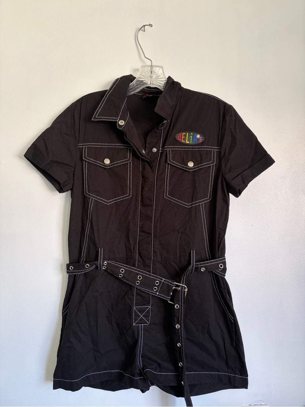 dELiA*s Black Short Sleeve Romper with Contrast Stitching and Logo Patch